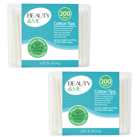 Beauty & Me Paper Stem Cotton Tips 200 Pack x2 Eco Friendly Soft Strong