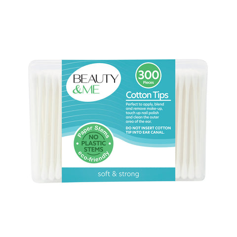 Beauty & Me Cotton Tips 300 Pack Eco Friendly Paper Stem Soft and Strong Swabs