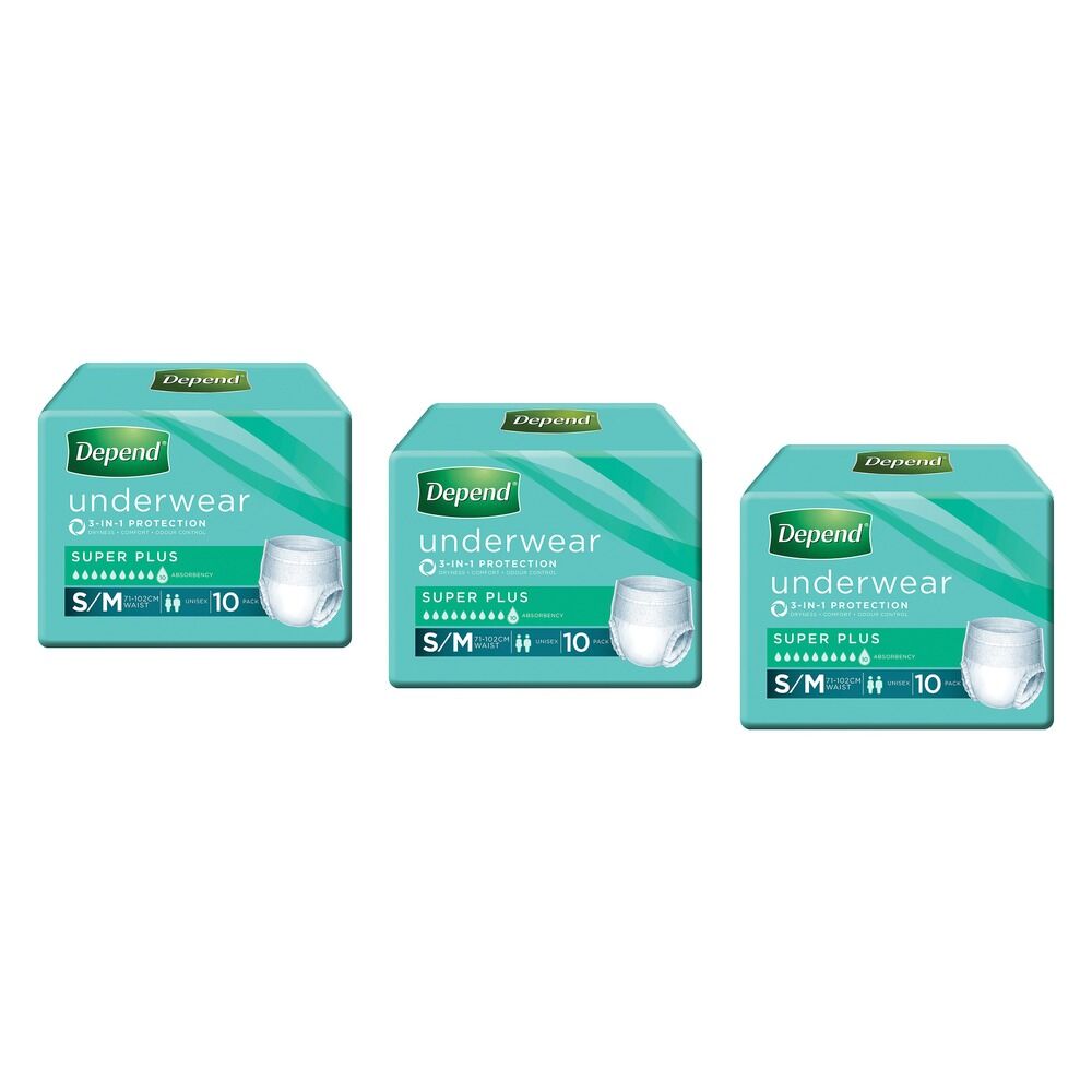 Depend Incontinence Underwear Unisex Super Plus Small/Medium 10 Bundle of 3