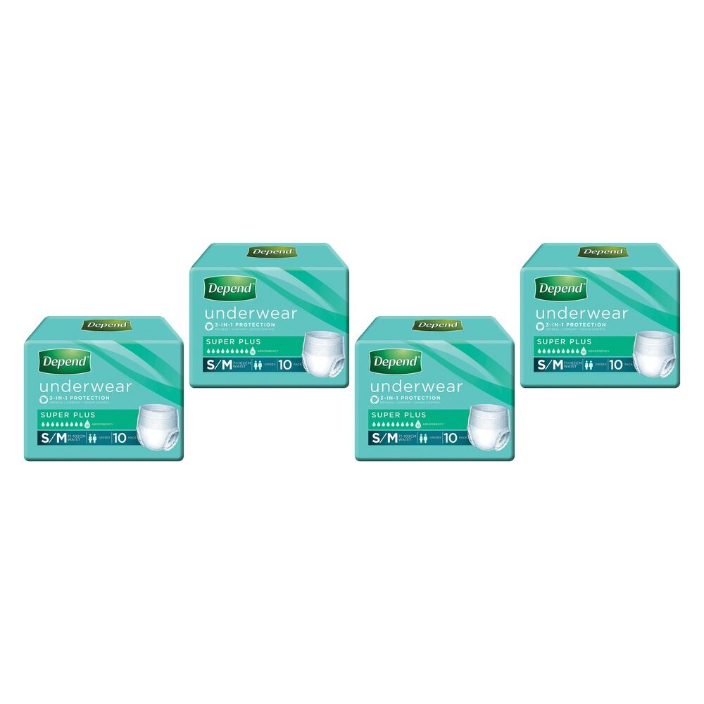 Depend Incontinence Underwear Unisex Super Plus Small/Medium 10 Bundle of 4