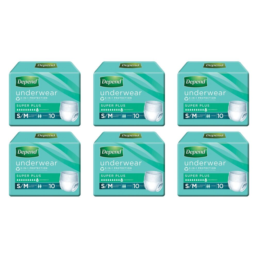 Depend Incontinence Underwear Unisex Super Plus Small/Medium 10 Bundle of 6