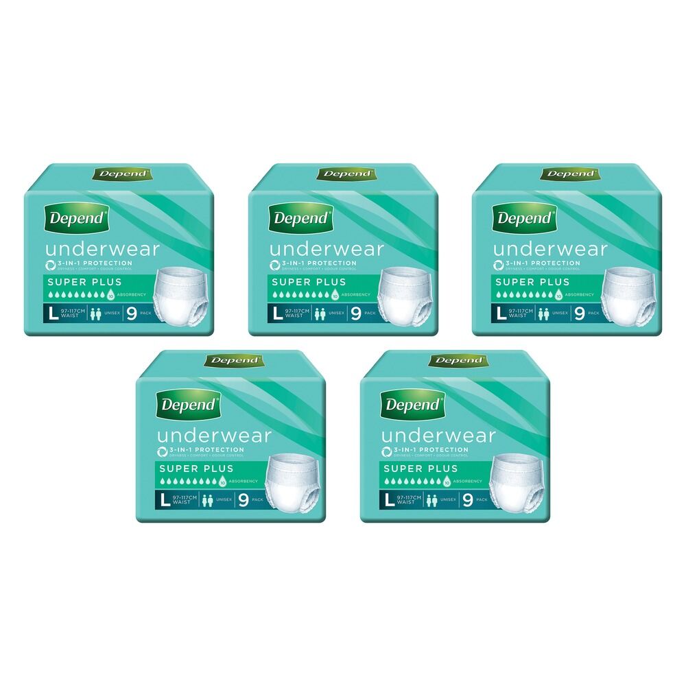 Depend Incontinence Underwear Unisex Super Plus Large 9 Pack x 4 Bundle of 5