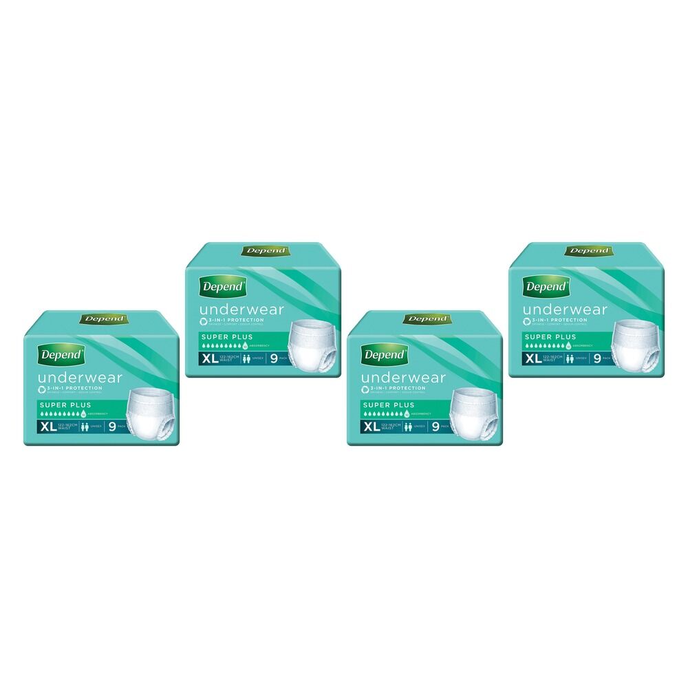 Depend Incontinence Underwear Unisex Super Plus Extra Large 9 Pack Bundle of 4
