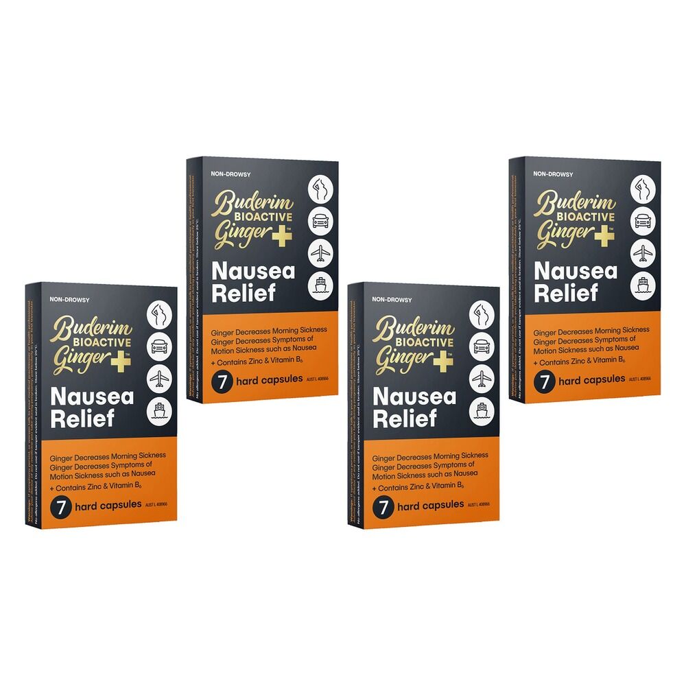 Buderim Bioactive Ginger Plus Nausea Relief Capsules 7-Pack Bundle of 4