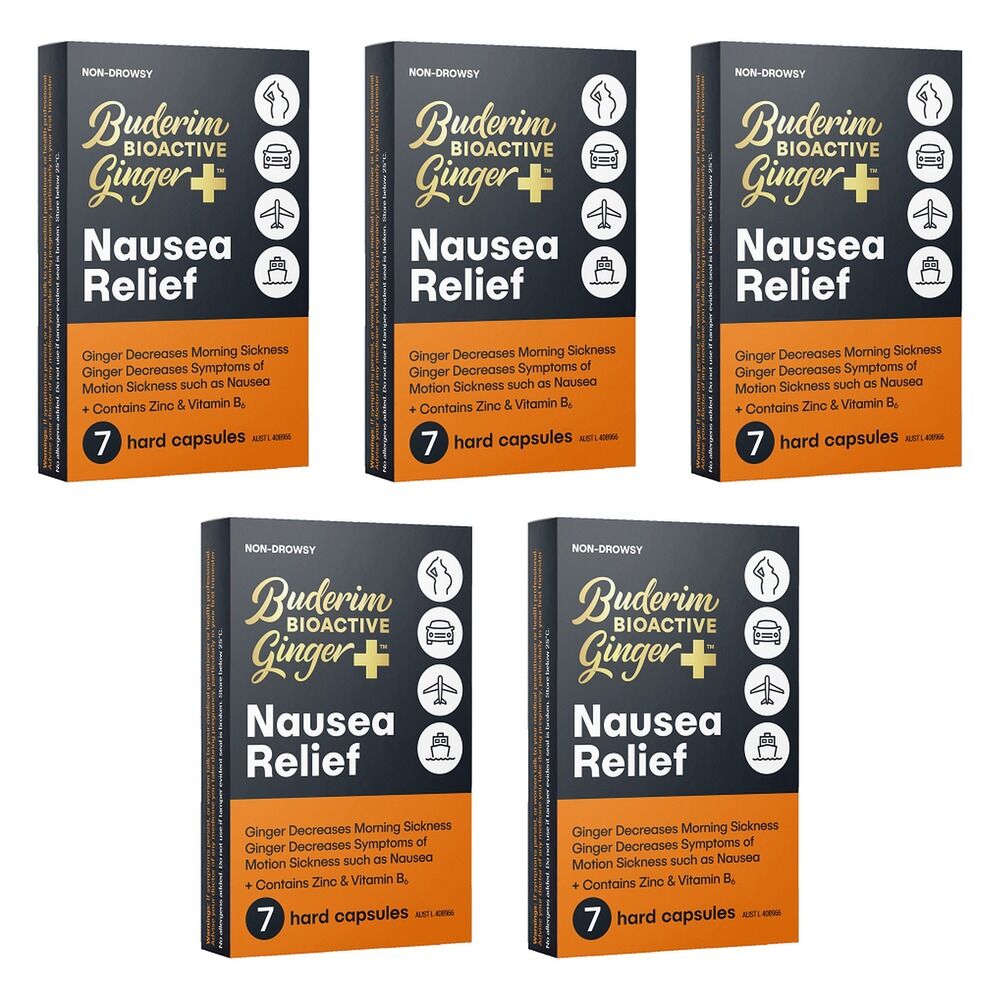 Buderim Bioactive Ginger Plus Nausea Relief Capsules 7-Pack Bundle of 5