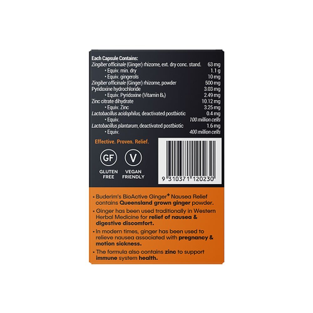 Buderim Bioactive Ginger Plus Nausea Relief Capsules 7-Pack