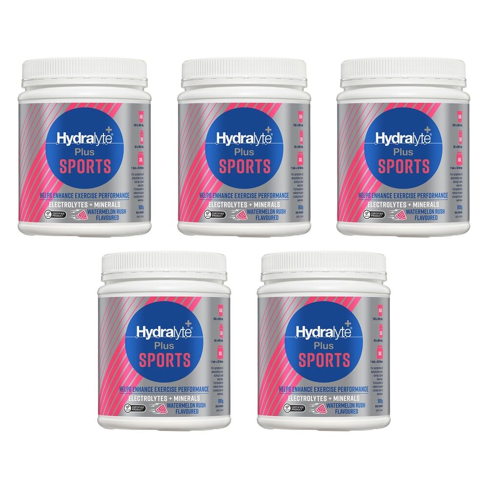 Hydralyte Plus Sports Watermelon Rush Flavoured Powder 900g Pack of 5