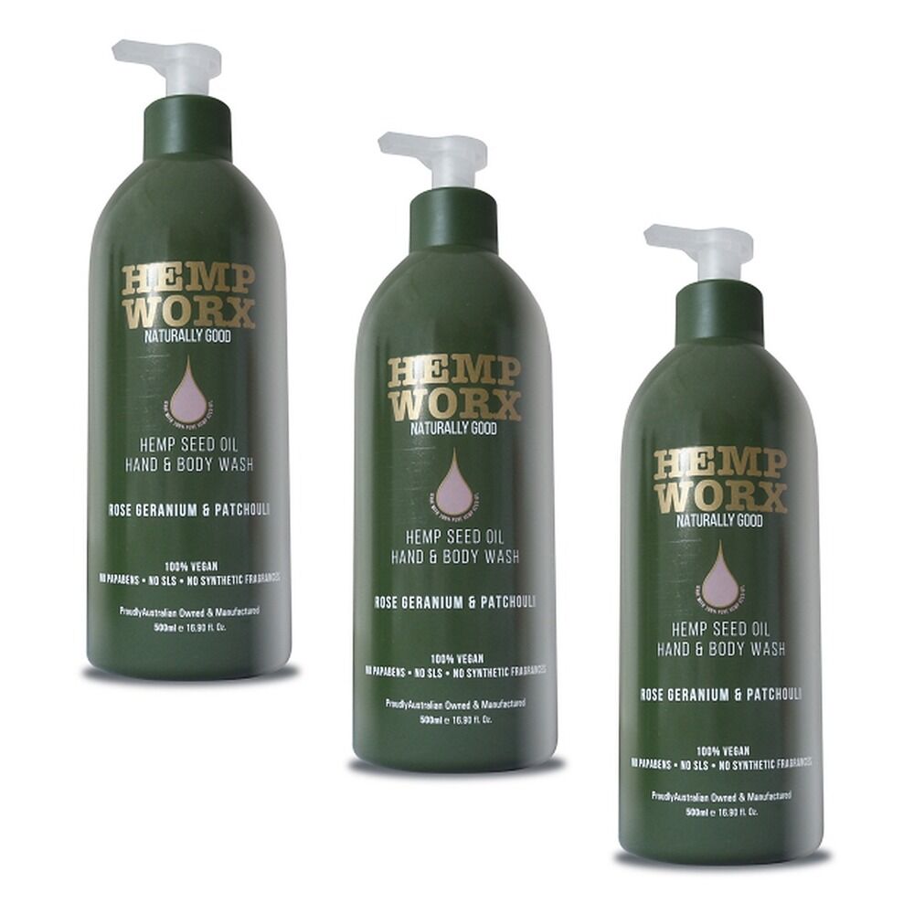 Hemp Worx Rose Geranium & Patchouli Hand and Body Wash 500mL Pack of 3