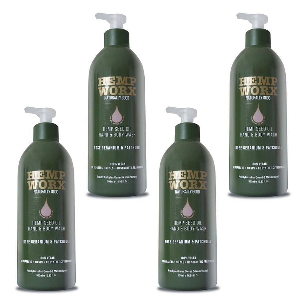 Hemp Worx Rose Geranium & Patchouli Hand and Body Wash 500mL Pack of 4