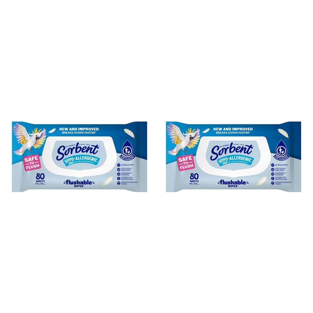 Sorbent Flushable Wipes Hypo-Allergenic 80s x 12 Bundle of 2