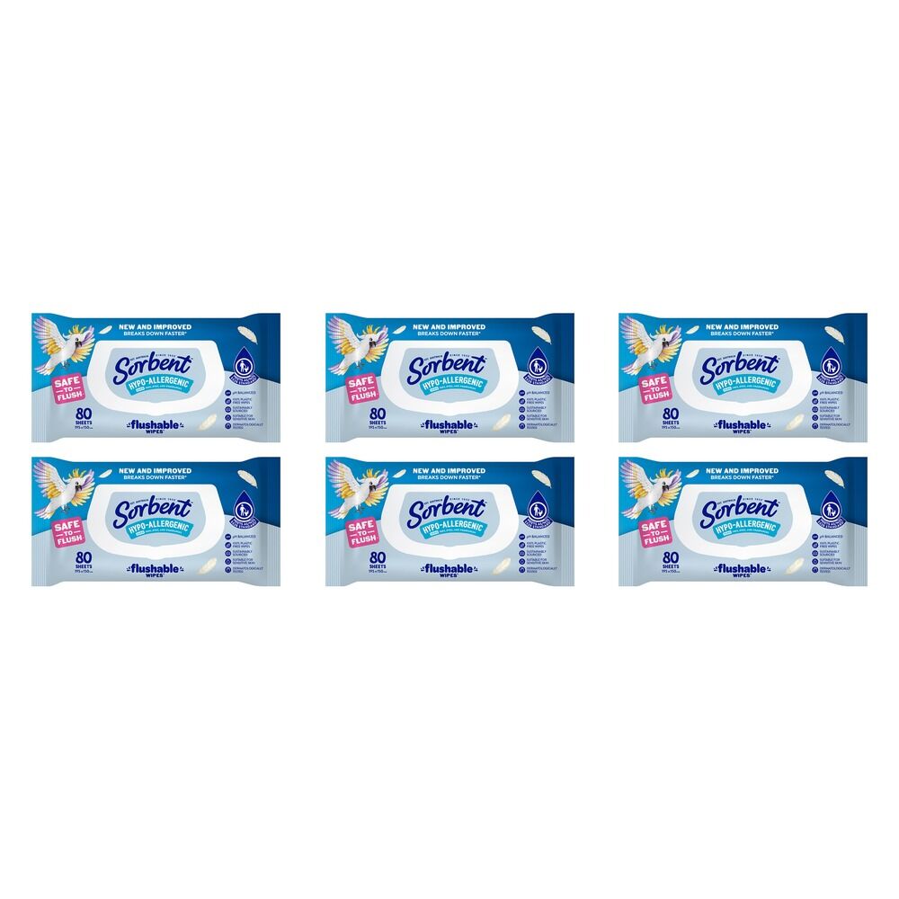 Sorbent Flushable Wipes Hypo-Allergenic 80s x 12 Bundle of 6