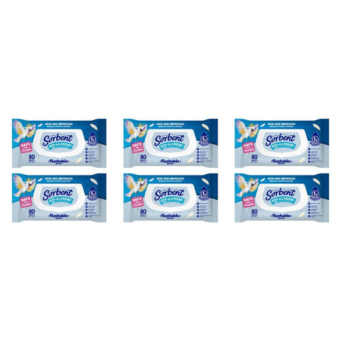 Sorbent Flushable Wipes Hypo-Allergenic 80s x 12 Bundle of 6