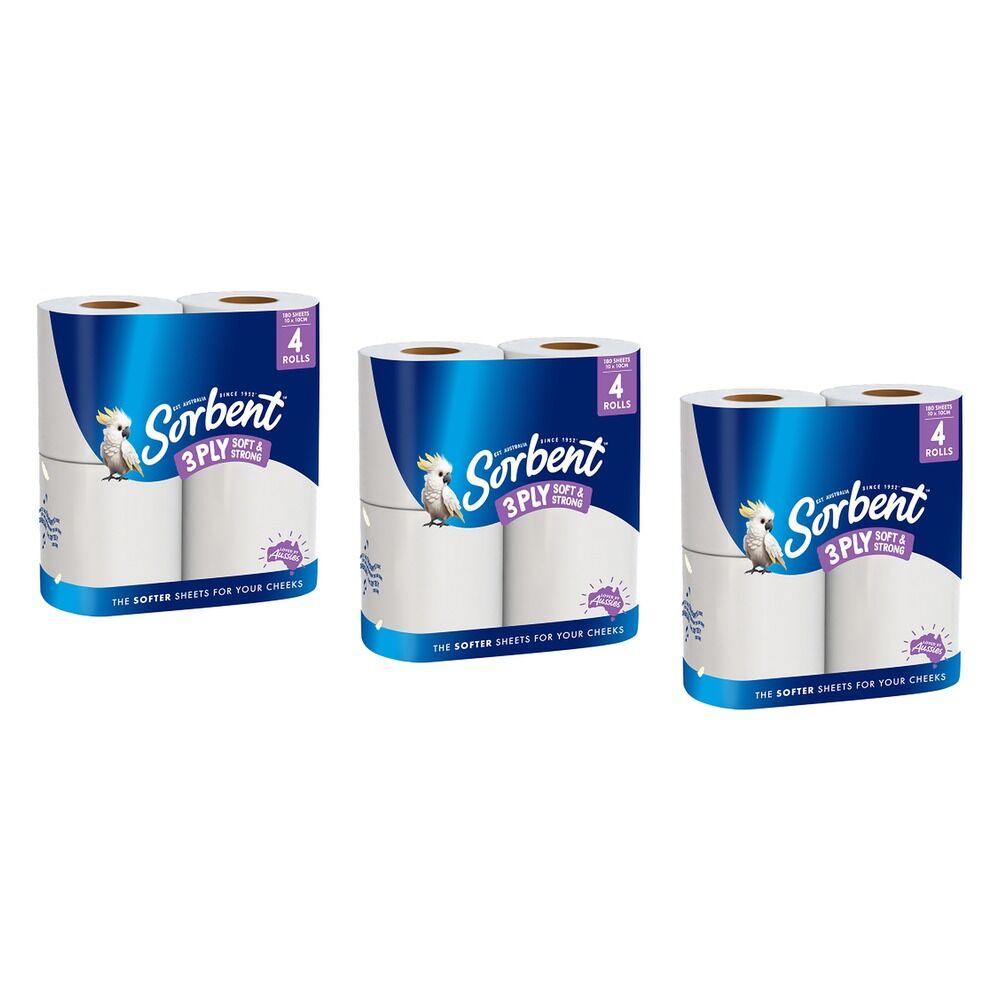 Sorbent Silky White Double Length Toilet Tissue 3 Ply 4 Pack x 4 Bundle of 3