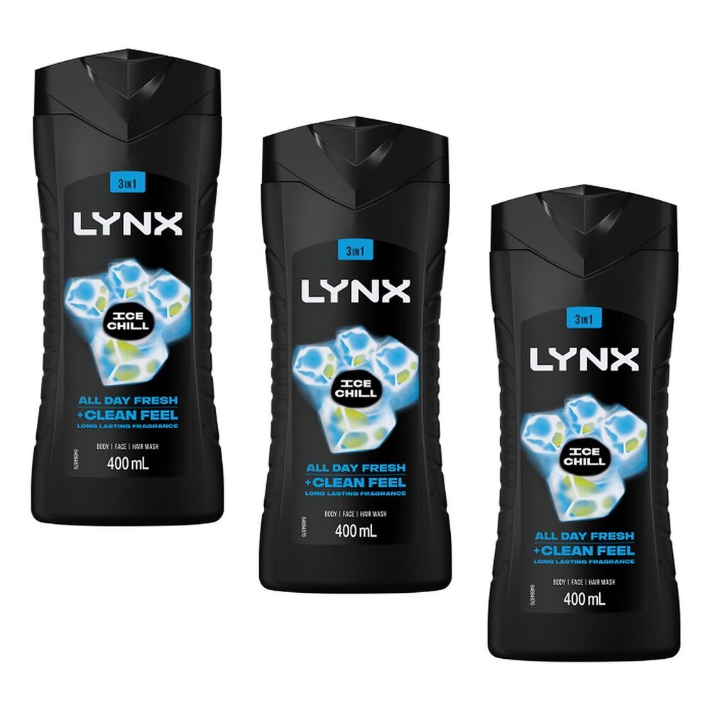 Lynx Ice Chill 3-in-1 Body Wash 400mL Pack of 3