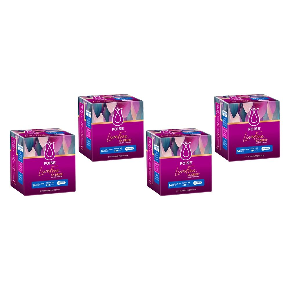 Poise LiveFree Regular No Wings Ultra-Thin Pads 14 Pack x 4 Bundle of 4