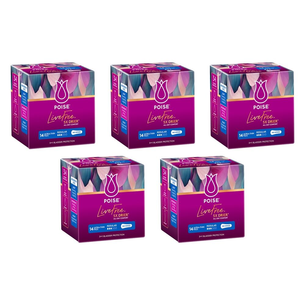 Poise LiveFree Regular No Wings Ultra-Thin Pads 14 Pack x 4 Bundle of 5