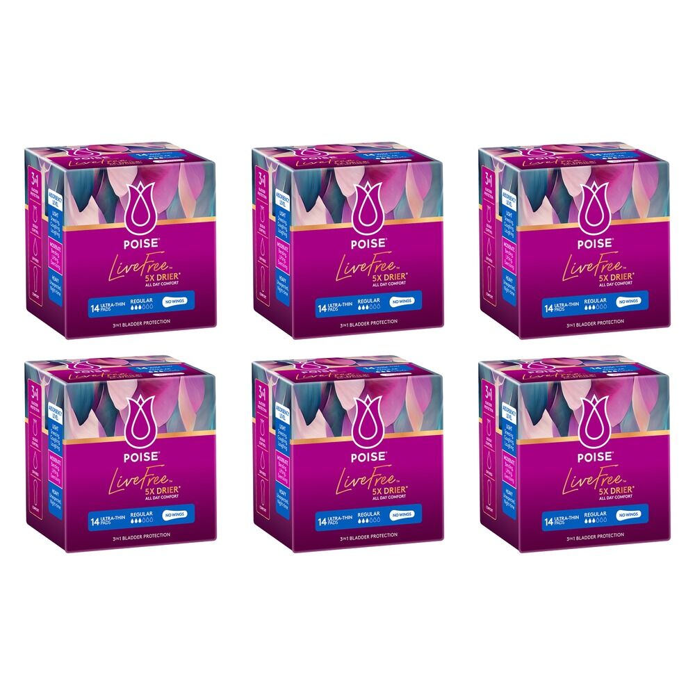 Poise LiveFree Regular No Wings Ultra-Thin Pads 14 Pack x 4 Bundle of 6