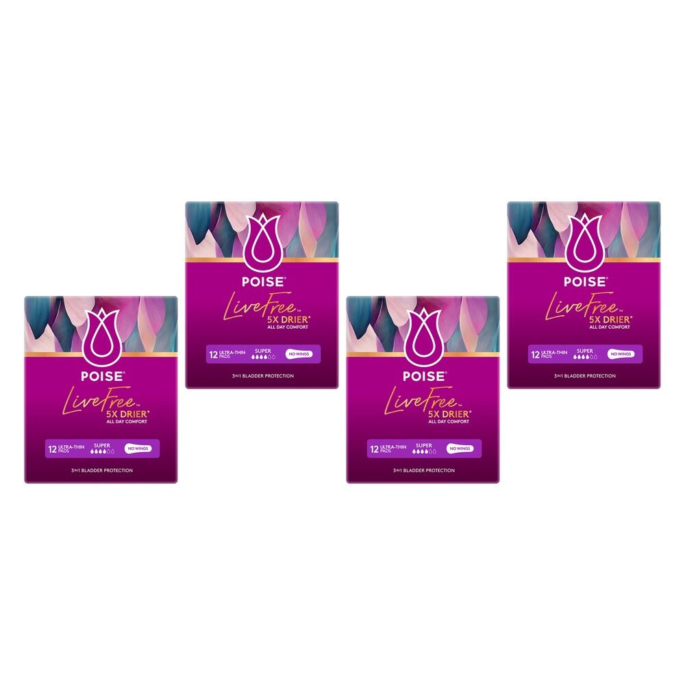 Poise LiveFree No Wings Super Ultra-Thin Pads 12 Pack x 4 Bundle of 4