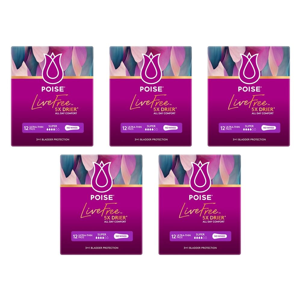 Poise LiveFree No Wings Super Ultra-Thin Pads 12 Pack x 4 Bundle of 5