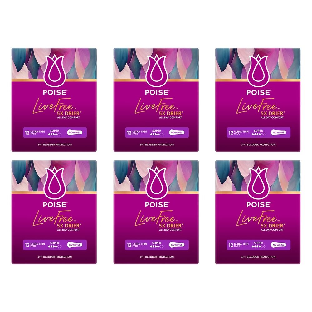 Poise LiveFree No Wings Super Ultra-Thin Pads 12 Pack x 4 Bundle of 6