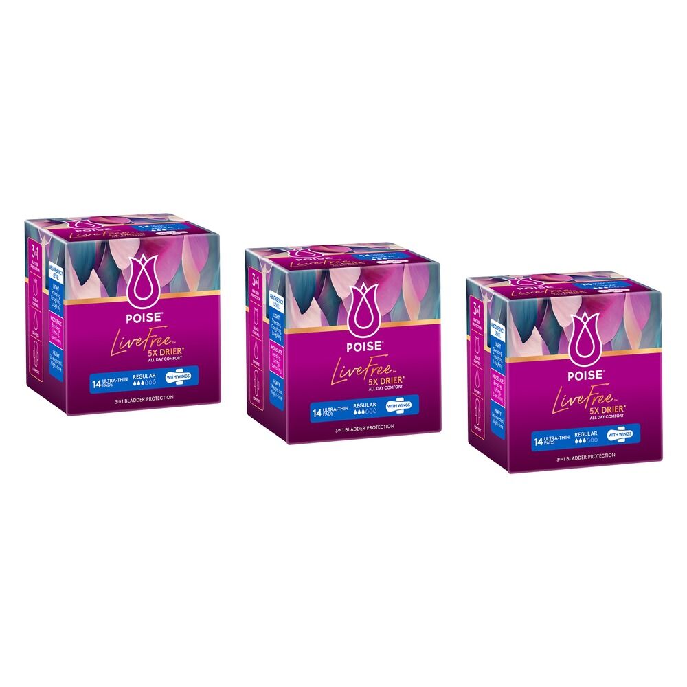 Poise LiveFree Regular With Wings Ultra-Thin Pads 14 Pack x 4 Bundle of 3