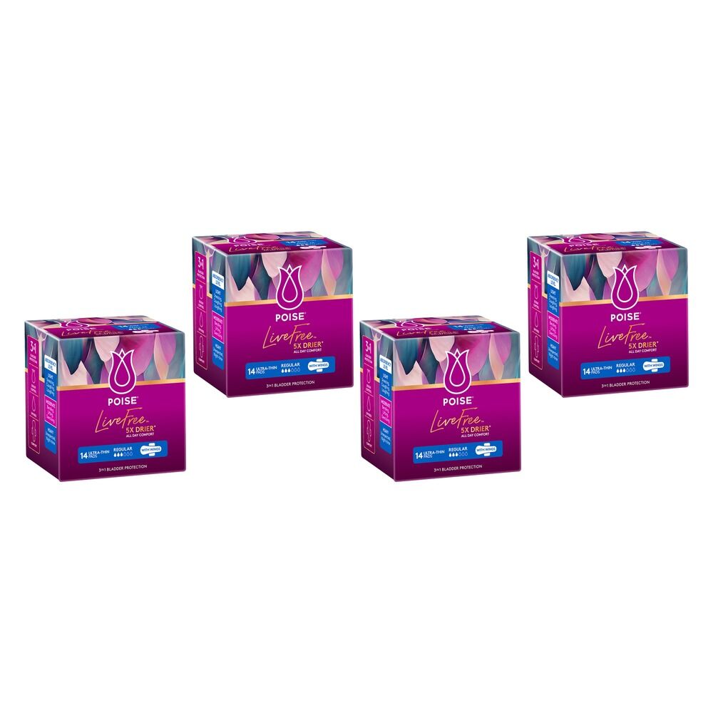 Poise LiveFree Regular With Wings Ultra-Thin Pads 14 Pack x 4 Bundle of 4