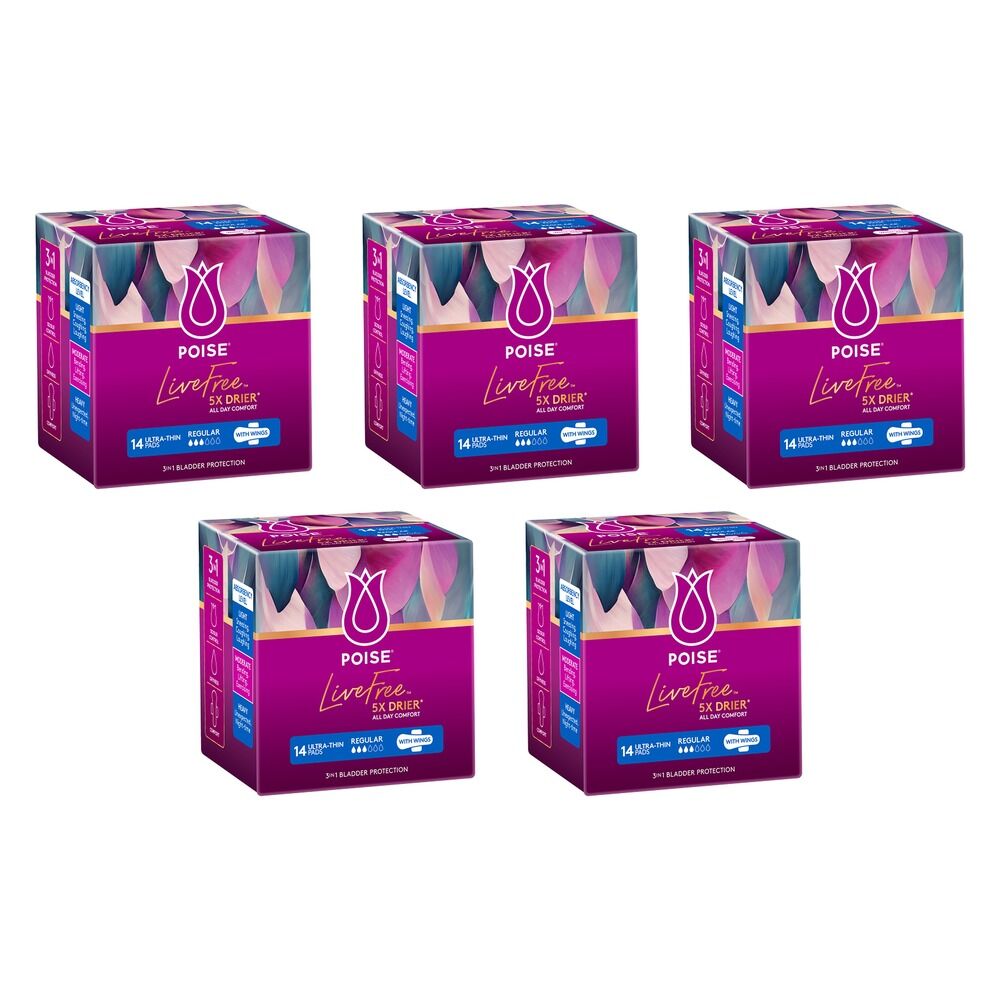 Poise LiveFree Regular With Wings Ultra-Thin Pads 14 Pack x 4 Bundle of 5