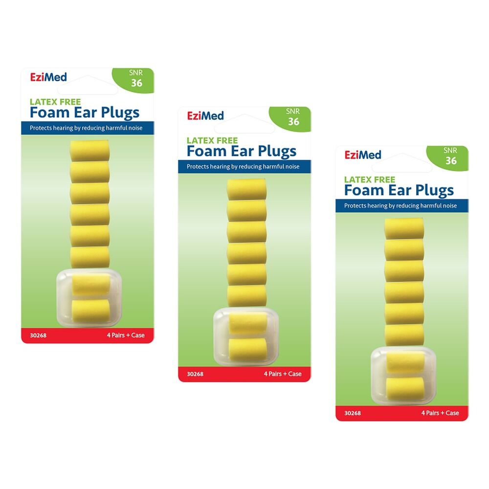 EziMed Foam Ear Plugs 4 Pairs + Case x 6 Bundle of 3