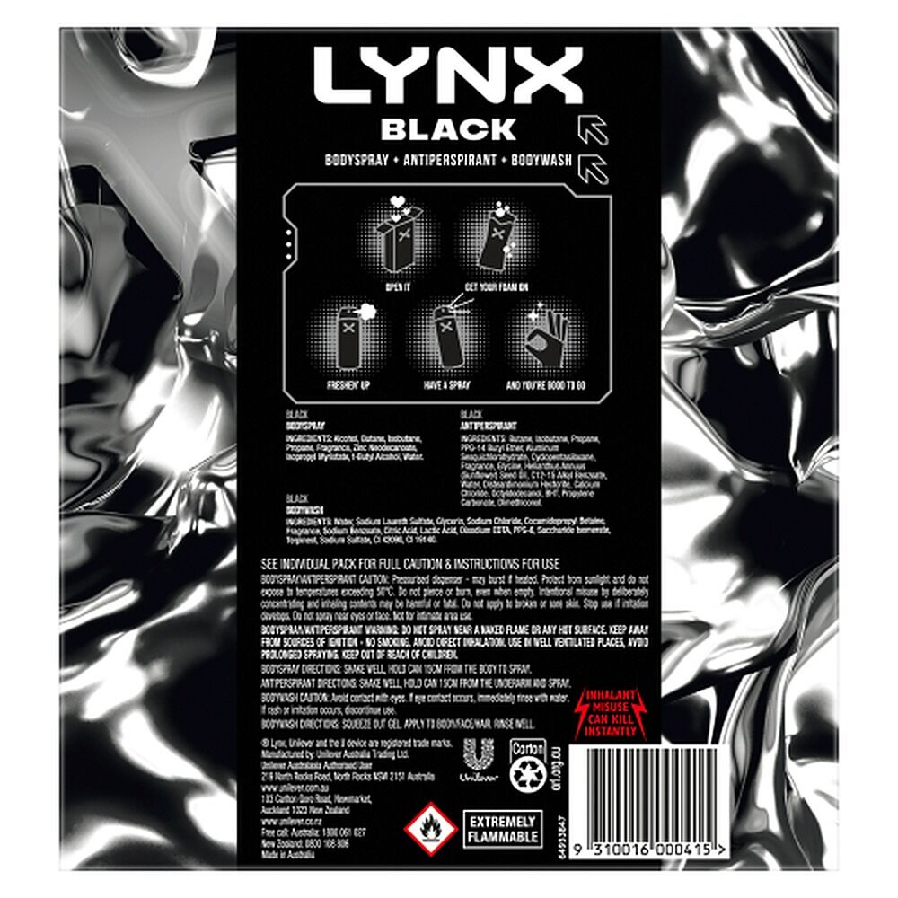 Lynx Black Trio Body Spray, Antiperspirant & Body Wash Set 3 Piece