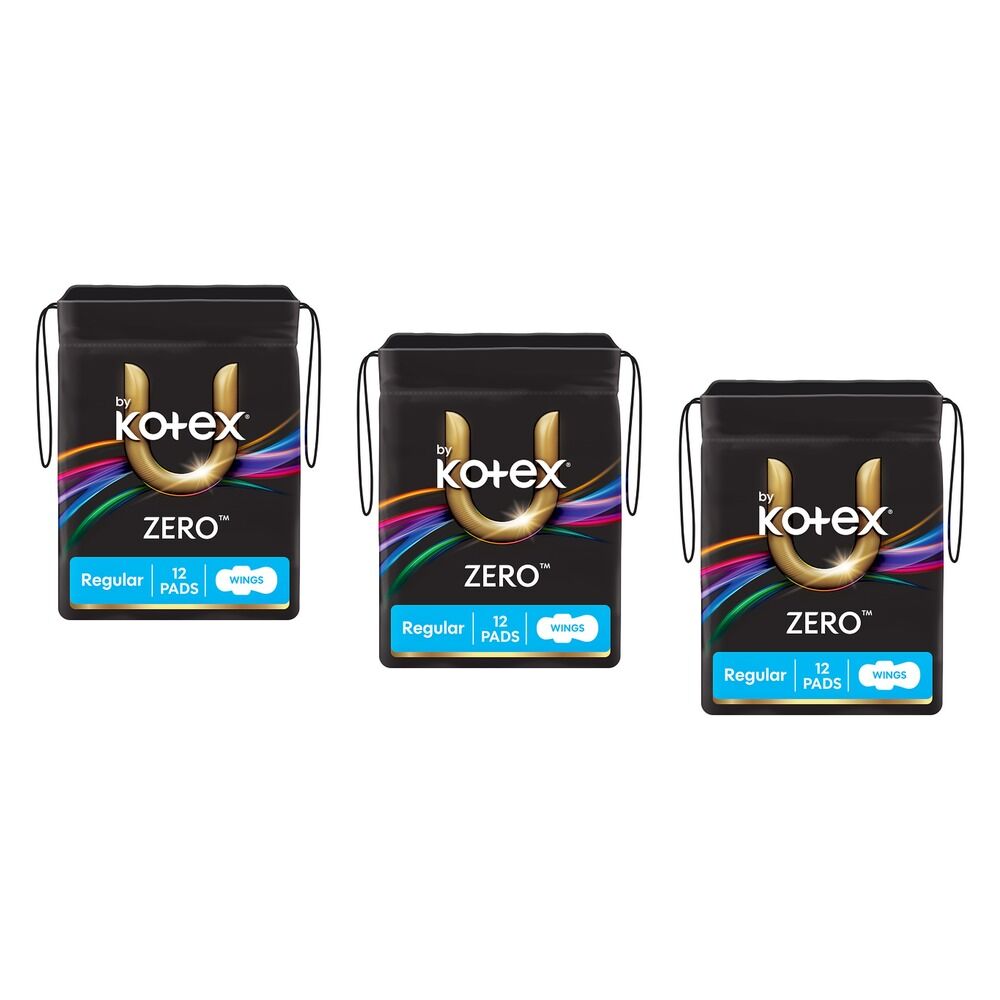 U By Kotex Zero Regular Pads with Wings 12 Pack x 6 Bundle of 3