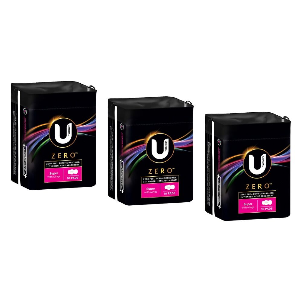 U By Kotex Super Pads with Wings 10 Pack x 6 Bundle of 3