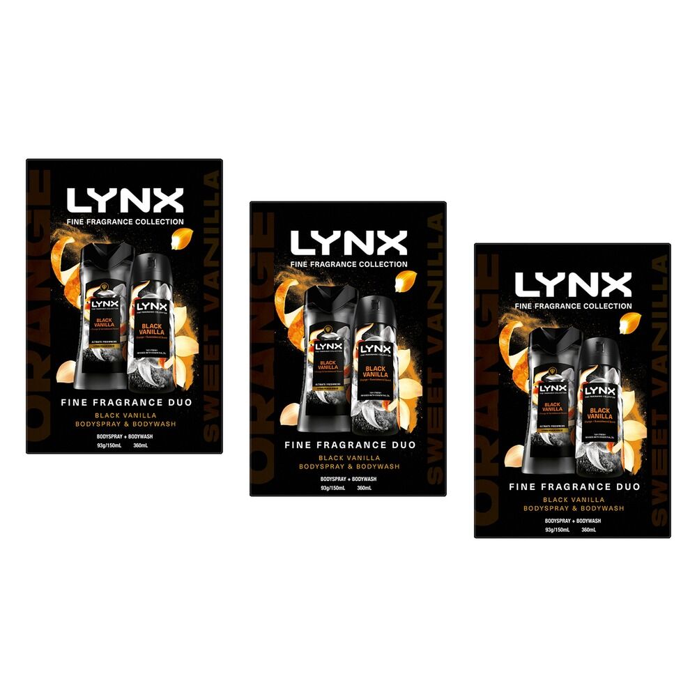 Lynx Fine Fragrance Black Vanilla Body Spray & Body Wash 3 Piece Pack of 3