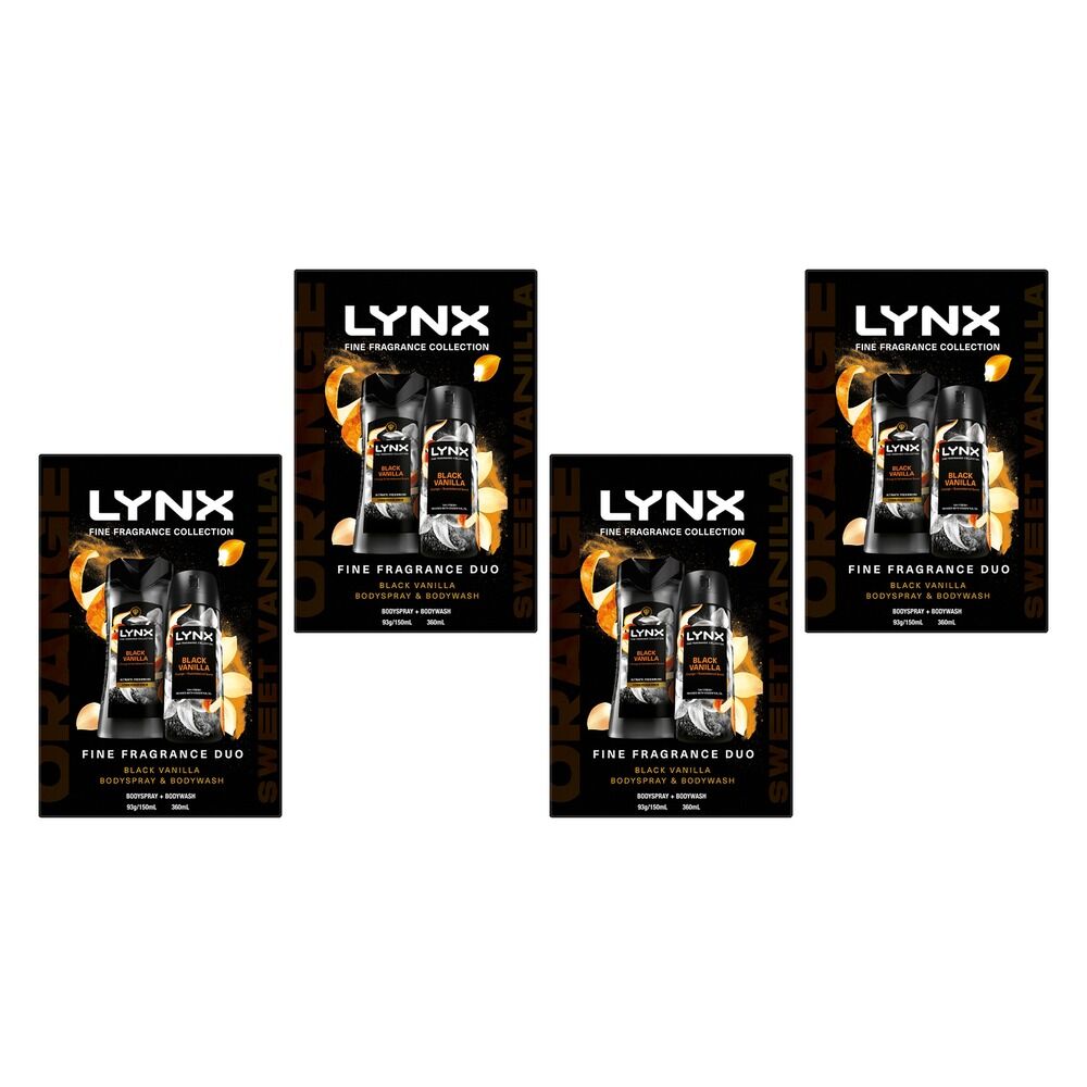 Lynx Fine Fragrance Black Vanilla Body Spray & Body Wash 3 Piece Pack of 4