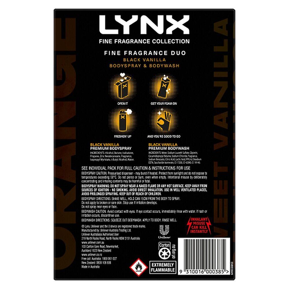 Lynx Fine Fragrance Black Vanilla Body Spray & Body Wash 3 Piece