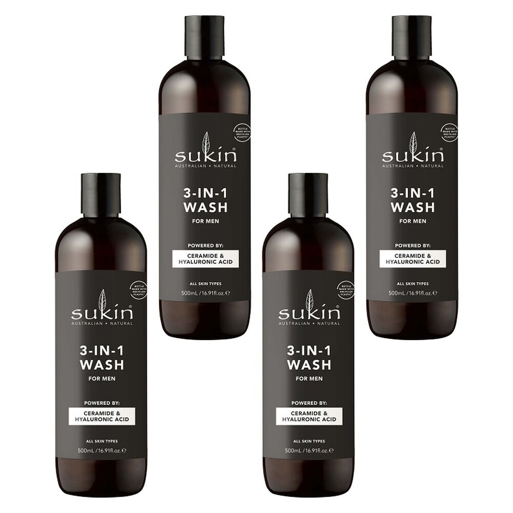 Sukin Men's 3-in-1 Wash 500mL Pack of 4