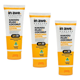 In Awe Kakadu Plum and Coconut Sunscreen Lotion SPF50+ 150g Pack of 3