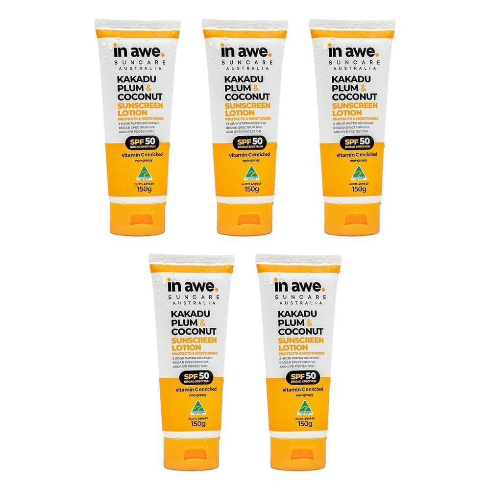 In Awe Kakadu Plum and Coconut Sunscreen Lotion SPF50+ 150g Pack of 5