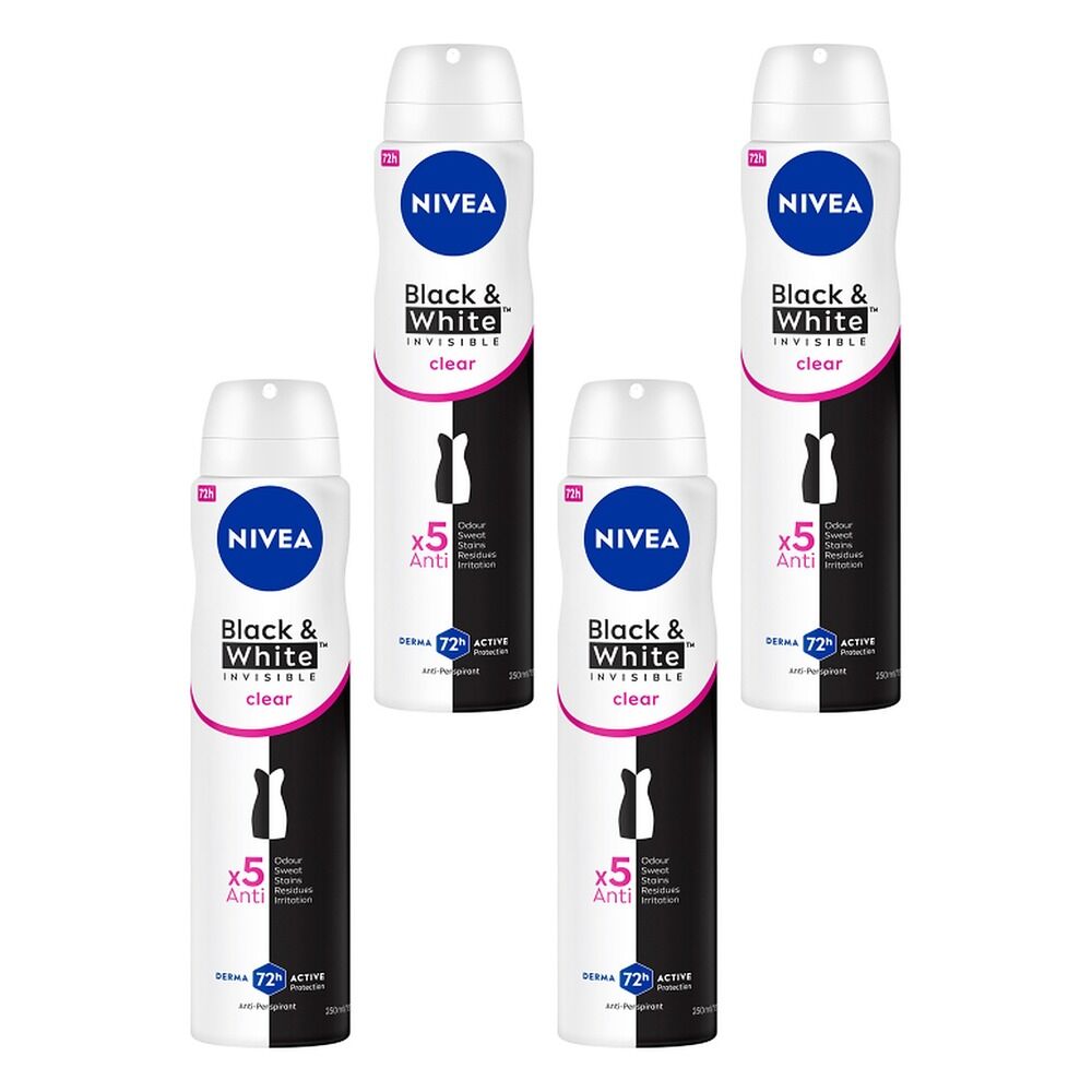 NIVEA Black & White Invisible Clear 72H Anti-Perspirant 250mL Pack of 4