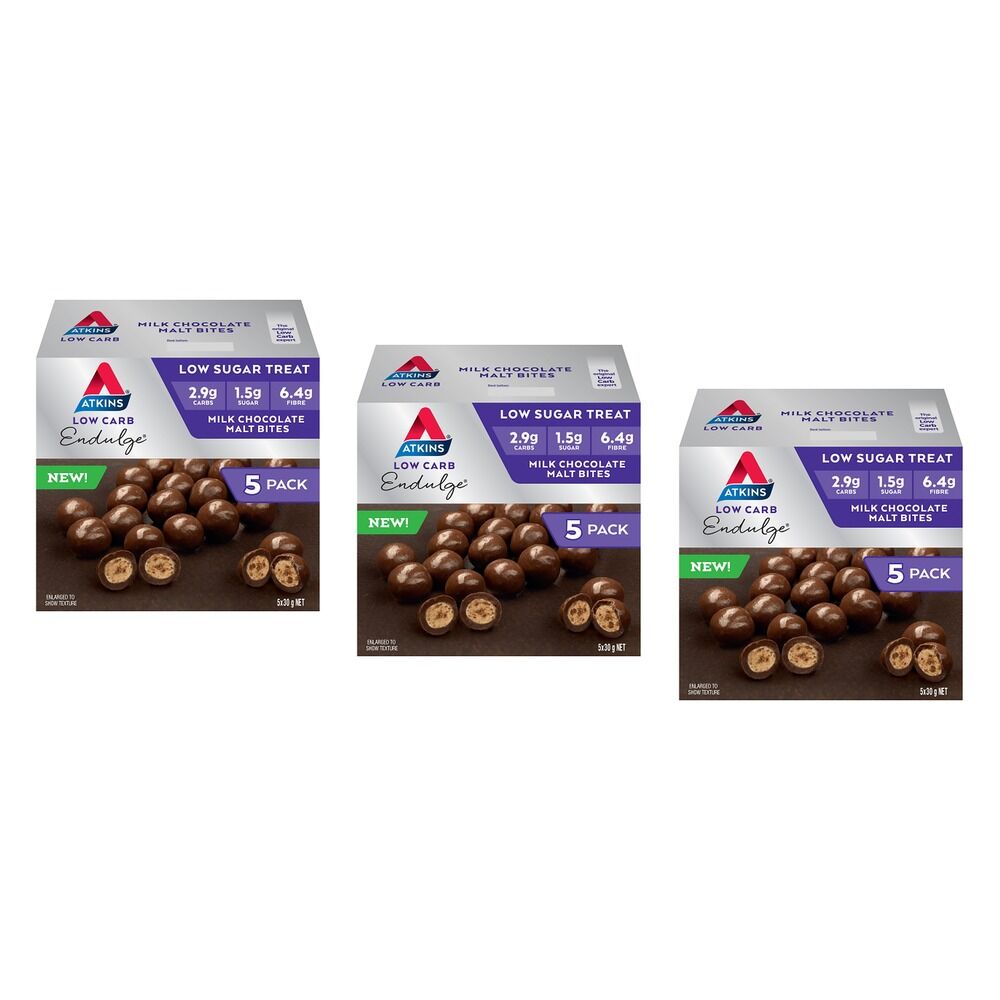 Atkins Milk Chocolate Malt Bites 5 Pack x 4 Bundle of 3