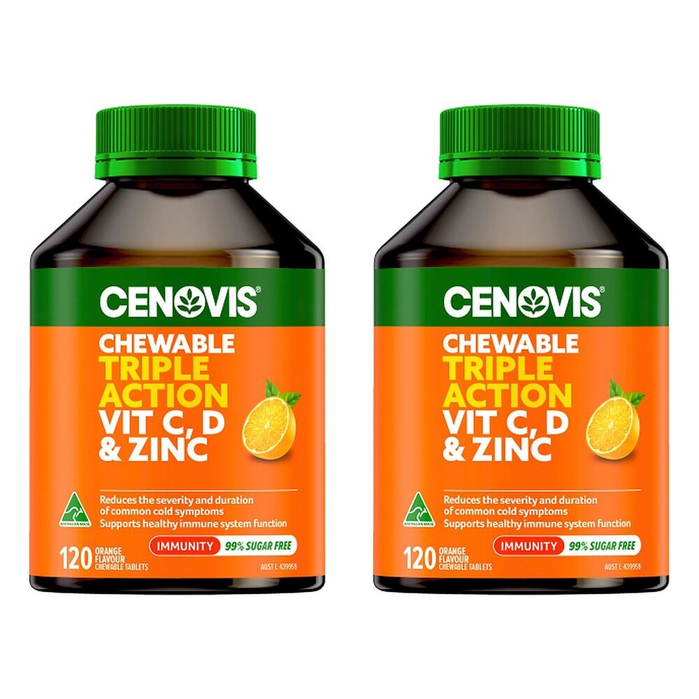Cenovis Triple Action Vit C, D & Zinc Orange 120 Chewable Tablets Pack of 2