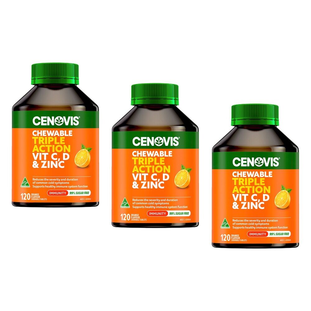 Cenovis Triple Action Vit C, D & Zinc Orange 120 Chewable Tablets Pack of 3