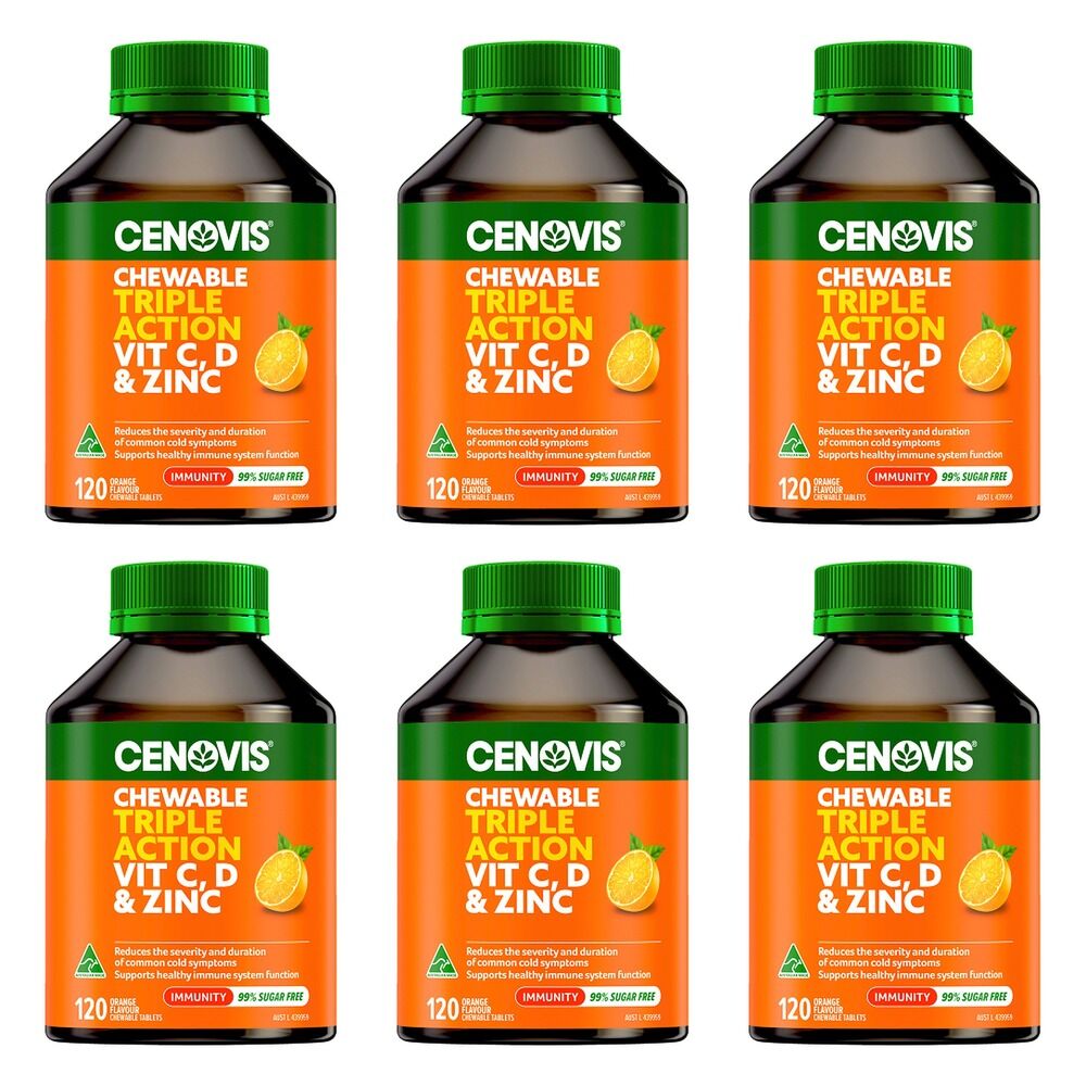Cenovis Triple Action Vit C, D & Zinc Orange 120 Chewable Tablets Pack of 6