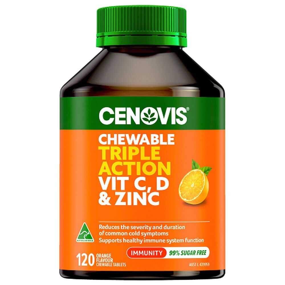 Cenovis Triple Action Vit C, D & Zinc Orange 120 Chewable Tablets