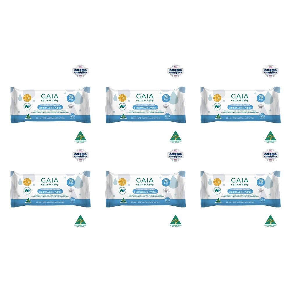 GAIA Natural Baby Biodegradable Wipes, Fragrance Free, 70 Pack Bundle of 6