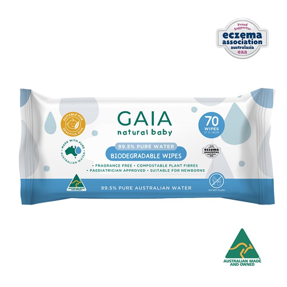 GAIA Natural Baby Biodegradable Wipes, Fragrance Free, 70 Pack