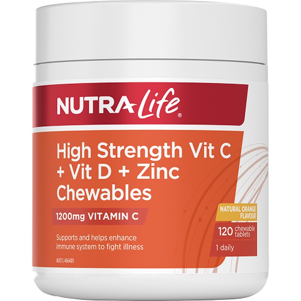 Nutra-Life High Strength Vitamin C + Vitamin D + Zinc 120 Chewable Tablets