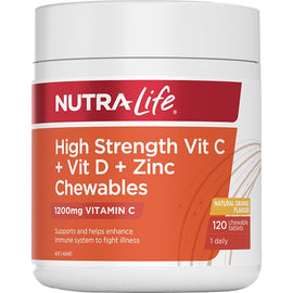 Nutra-Life High Strength Vitamin C + Vitamin D + Zinc 120 Chewable Tablets