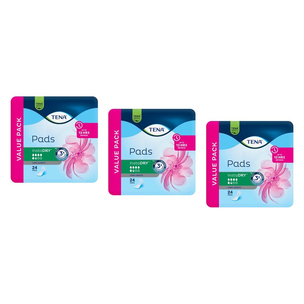 Tena InstaDry Long Pads 24 Pack x 3 Bundle of 3