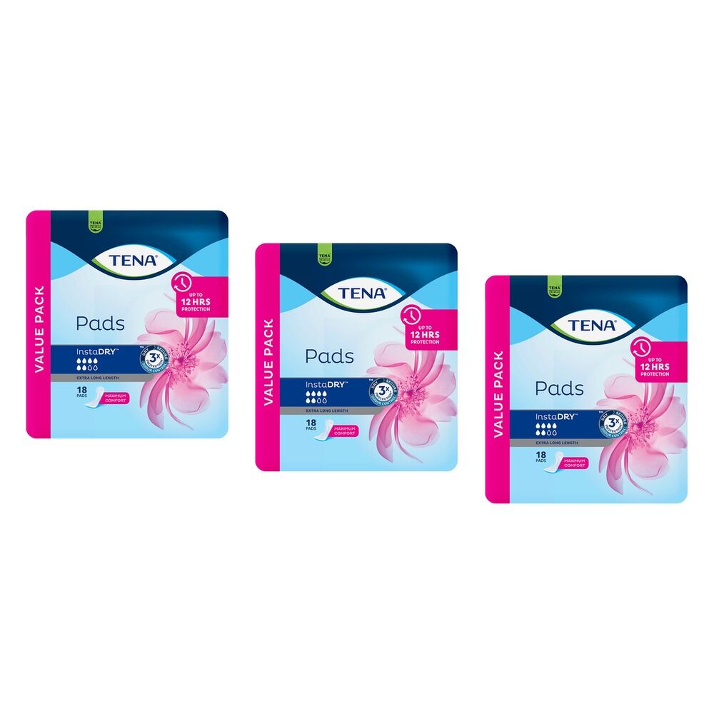 Tena InstaDry Extra Long Length Pads 18 Pack x 3 Bundle of 3