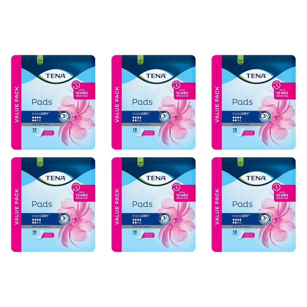 Tena InstaDry Extra Long Length Pads 18 Pack x 3 Bundle of 6
